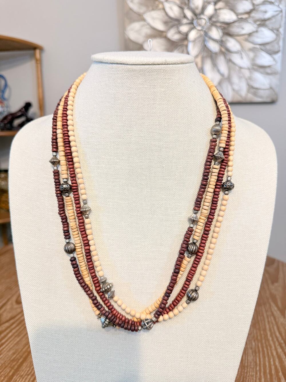 Layered Wood Bead Necklace 24” Boho Tribal Silver